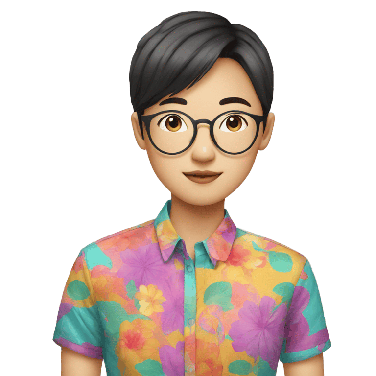 genmoji: Asian girl with boy haircut and glasses and colourful shirt