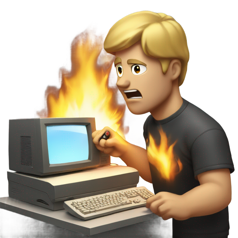 genmoji: Man torching a old 2000s computer