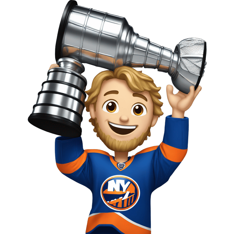 genmoji : New York islanders player lifting up a Stanley cup