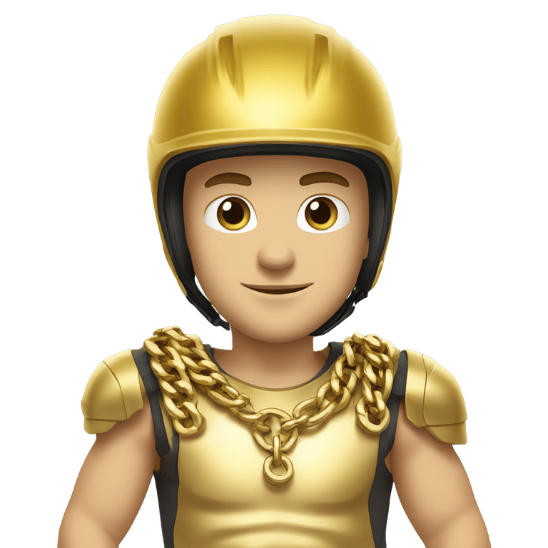 genmoji: strong Caucasian male in a bike helmet, a gold shirt, multiple gold chains, gold wrist bands, arms crossed