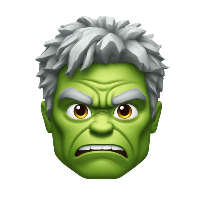 genmoji: A green hulk face with angry expression with Gray hair's