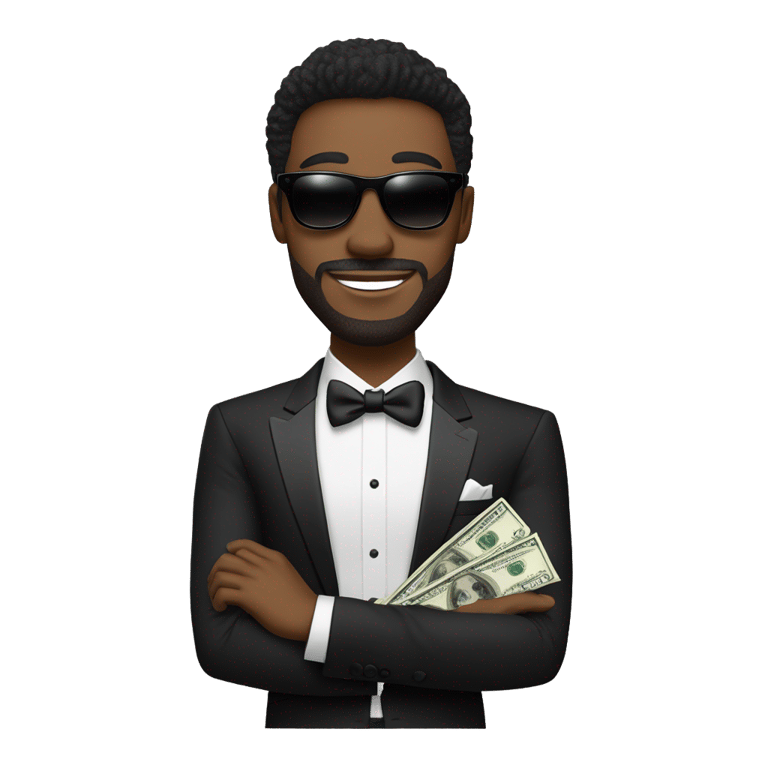 絵文字：Create an image of a confident man wearing a sleek black tuxedo with a sharp white shirt underneath. The tuxedo should be tailored perfectly, showing off a sharp, sophisticated look. He should be wearing stylish black sunglasses, exuding a cool and trendy vibe. In one hand, he ho