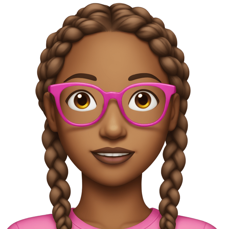 genmoji: A brown girl with lip gloss and two braids in her hair with pink glasses