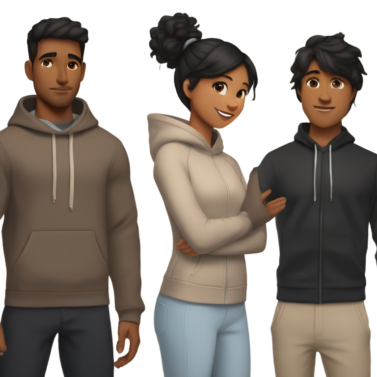 genmoji: cute brown girl with straight black hair and a brown guy with STRAIGHT black hair  Nike tech fleece hugging a brown guy