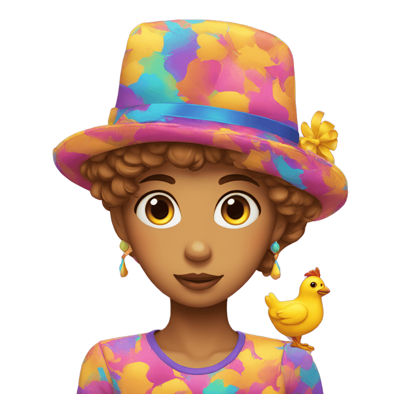 genmoji : A full look chick withcolorful hat.