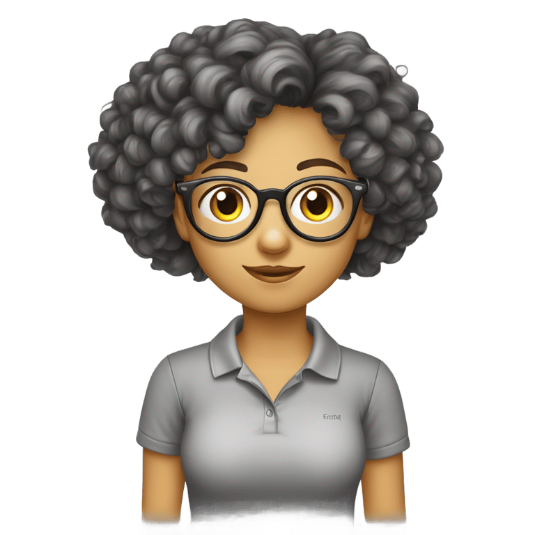 genmoji: uma menina de cabelo escuro, oculos de leitura redondos, usando uma camiseta polo cinza claro