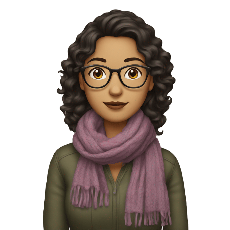 genmoji: A woman with very dark brown hair that is wavy and long, olive skin, glasses, and scarf