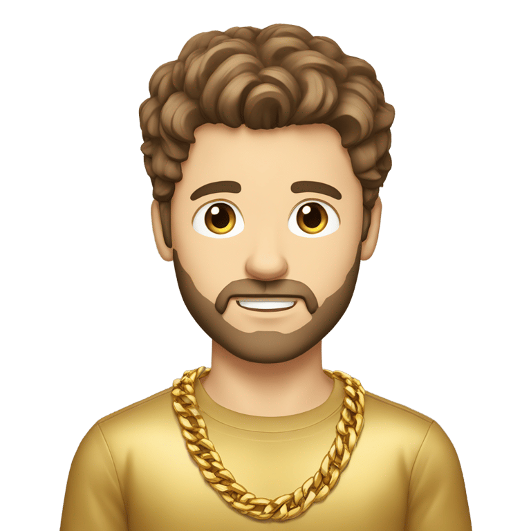 genmoji: Caucasian man, brown hair, brown eyes, gold shirt, multiple gold chains, gold wrist bands, stubbly beard