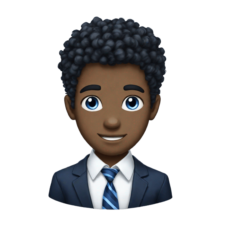 genmoji: white blue eyed black haired british teen guy with a blue striped tie white shirt and black blazer with a navy blue "T" on the pocket and fluffy curly hair big ears and bushy eyebrows