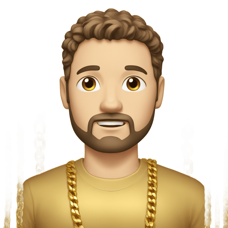 genmoji: Caucasian man, brown hair, brown eyes, gold shirt, multiple gold chains, gold wrist bands, stubbly beard