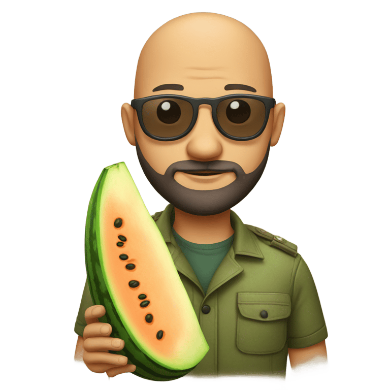 genmoji: Bald man with beard and aviator glasses holding melon