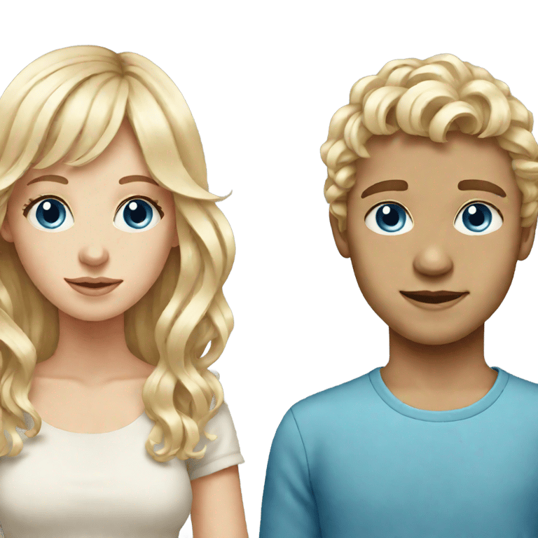 genmoji: a blonde wavy haired girl with blue eyes and a boy with blue eyes and blunt blonde bangs