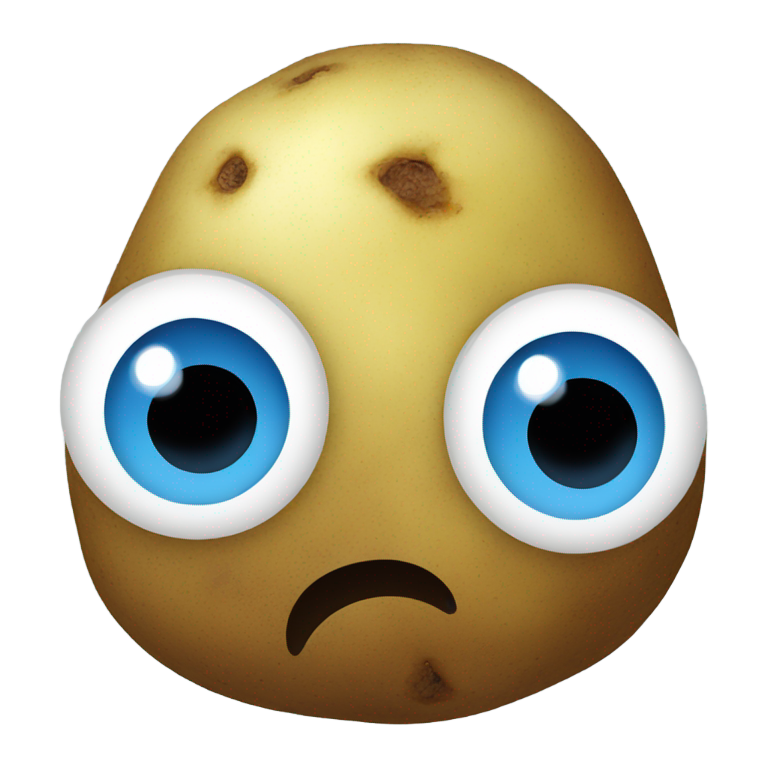 genmoji : Une pomme de terre avec de grands yeux bleus et un regard inquiétant