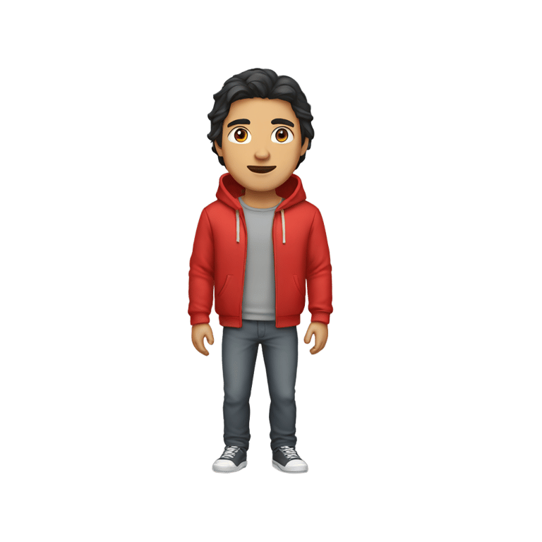 genmoji: a man with dark hair, light gray eyes, wearing a red hoodie