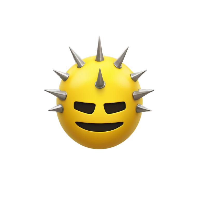 genmoji : Un emoji smiley jaune rond et furieux portant un casque à pointes sur la tête.