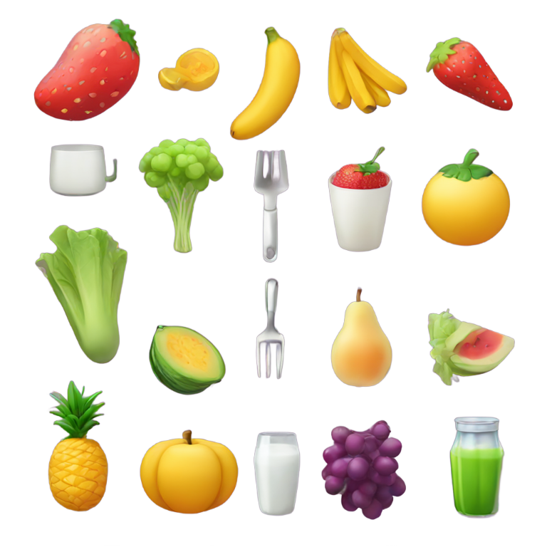 絵文字：フルーツ、野菜、肉、シーフード、デザート、飲み物、調理器具など、さまざまな食べ物や飲み物のアイコン。