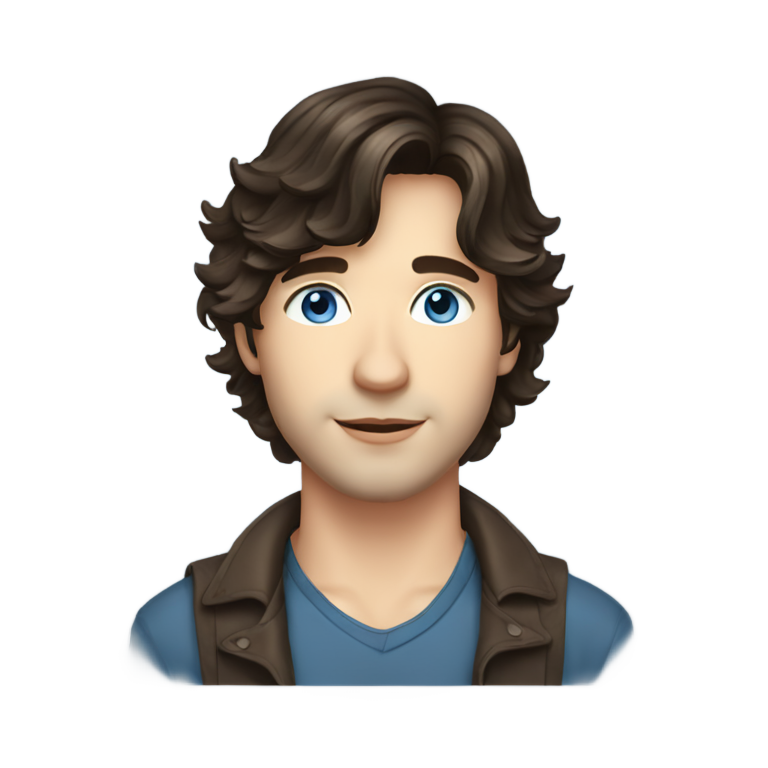 genmoji : Un jeune homme séduisant aux yeux bleus, avec des cheveux châtains foncés ondulés en frange rideau, attirant et stylé.