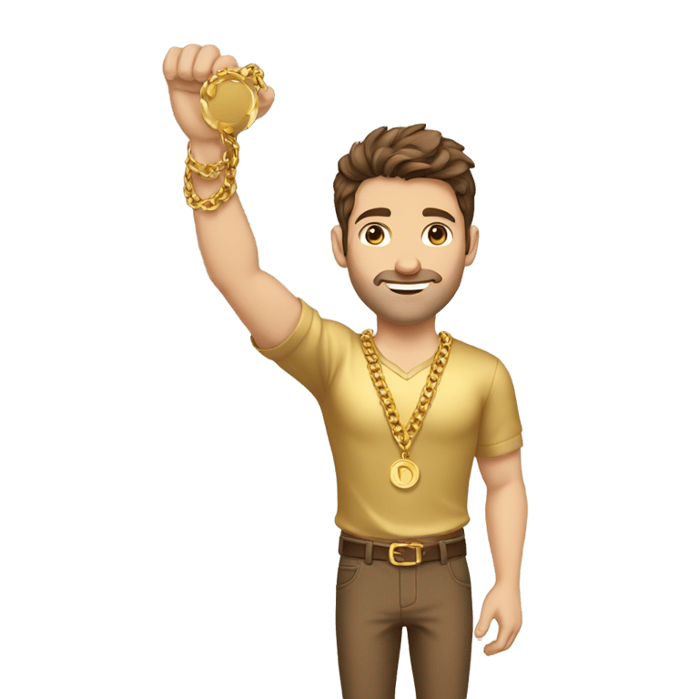 genmoji: brown haired Caucasian male with a gold shirt, gold chains and gold wrist bands