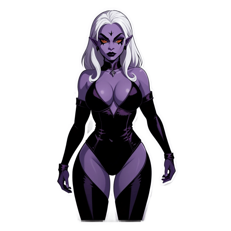 genmoji: drow dominatrix female purple skin giant breasts