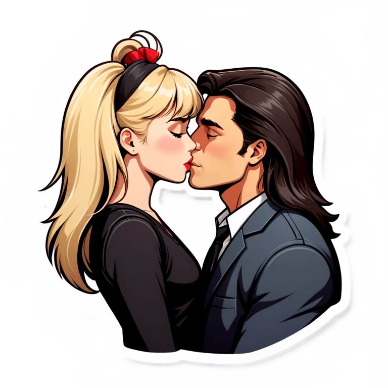 genmoji: Dark hair man with a mullet kissing girl with blonde hair chest