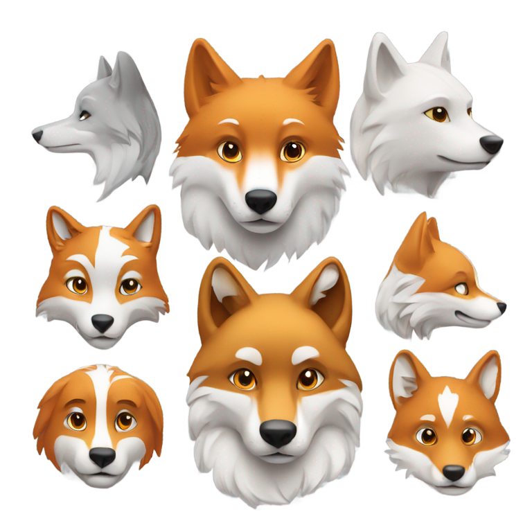 genmoji: Un loup blanc un loup gris et un renard roux