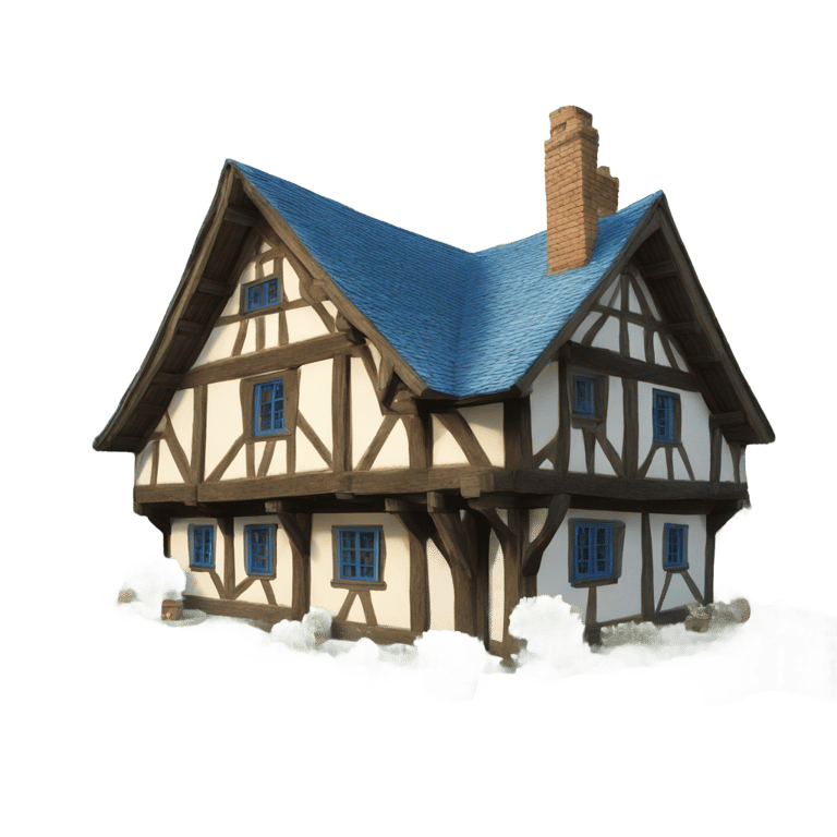 絵文字：1000-year-old half-timbered house with blue beams in a garden