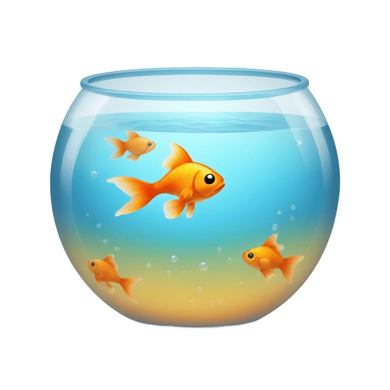 genmoji: Create a fishbowl emoji in the style of iOS emojis. The fishbowl should be a clear, round glass bowl with a subtle reflection and gradient shading to give it a polished, glossy look. Inside the bowl, illustrate a small, bright orange goldfish with simple, smooth lines and minimal