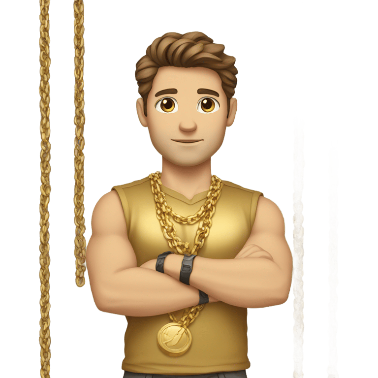 genmoji : brown hair strong Caucasian male, a gold shirt, multiple gold chains, gold wrist bands, arms crossed