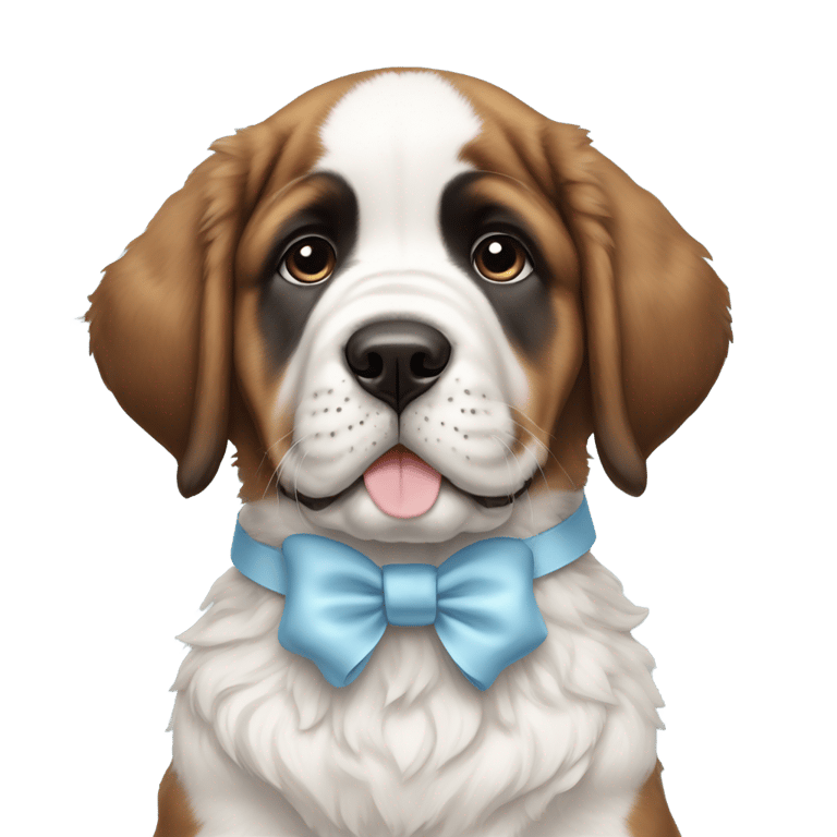 genmoji : Saint Bernard puppy with a pastel blue collar decorated with white bows