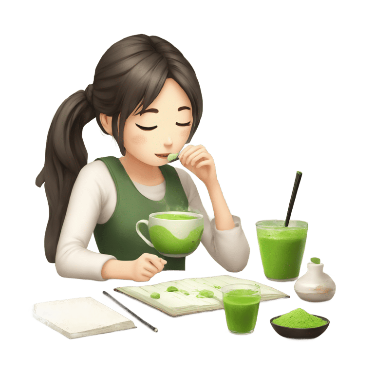 genmoji: girl study hard with matcha in cup