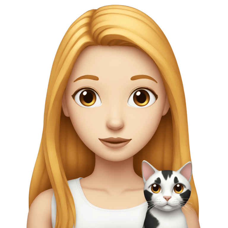 genmoji: a white ginger girl with a perfect and straight hair with a black and white cat