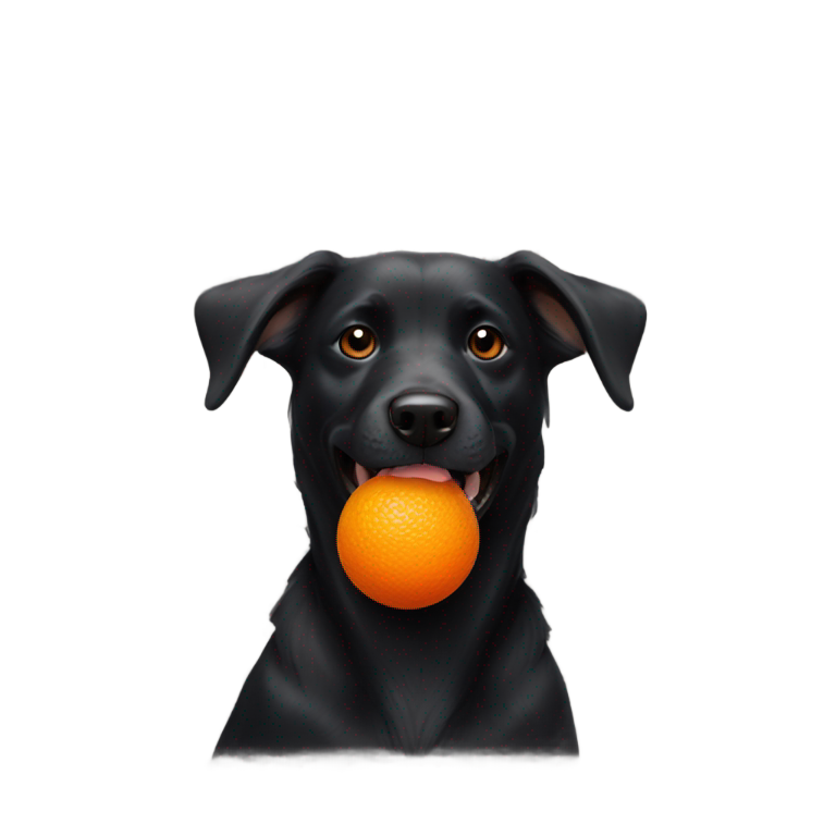 genmoji : Chien noir mordant une balle orange