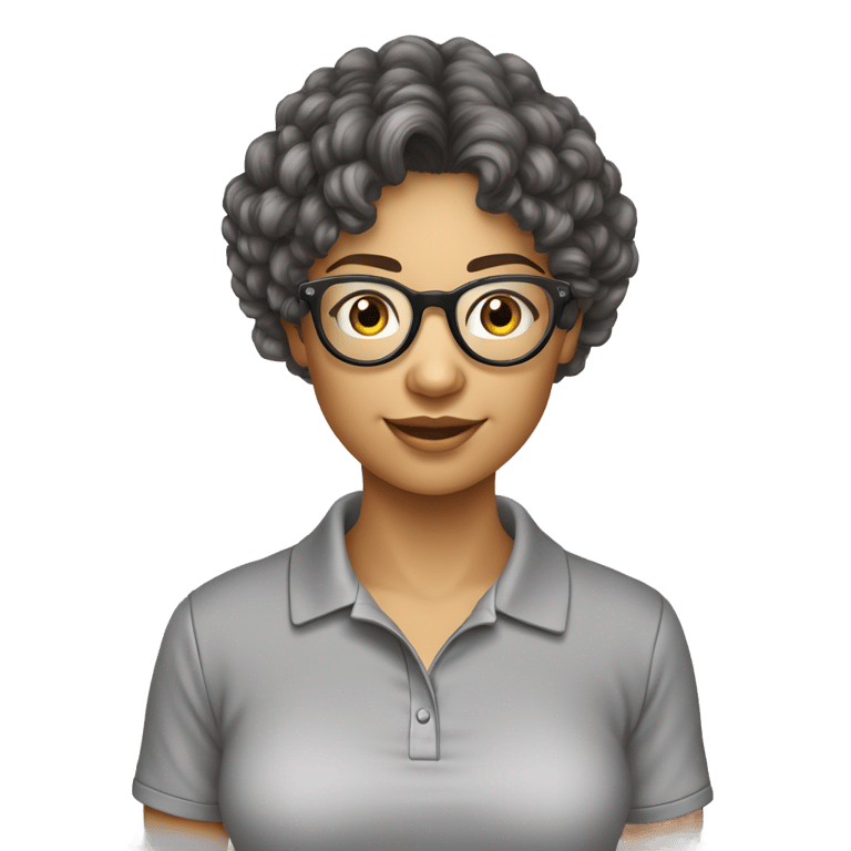 genmoji: uma menina de cabelo escuro liso, oculos de leitura redondos, usando uma camiseta polo cinza claro