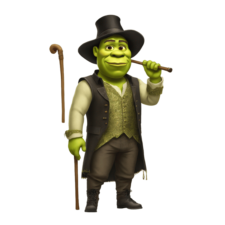 genmoji: shrek in pimp outfit with cane