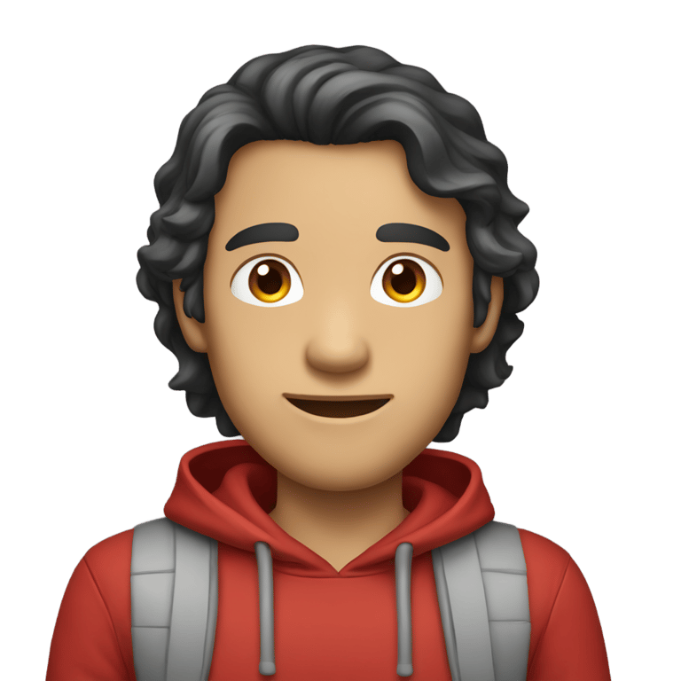 genmoji: a man with dark hair, light gray eyes, smile tooth, wearing a red hoodie