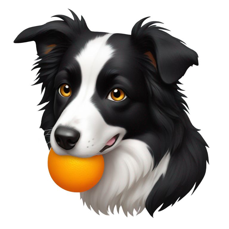 genmoji : Chien border collie noir mâchant une balle orange