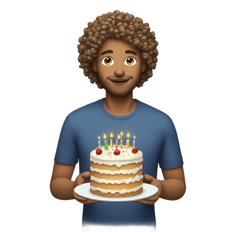 genmoji: A white man with curly hair and a birthday cake