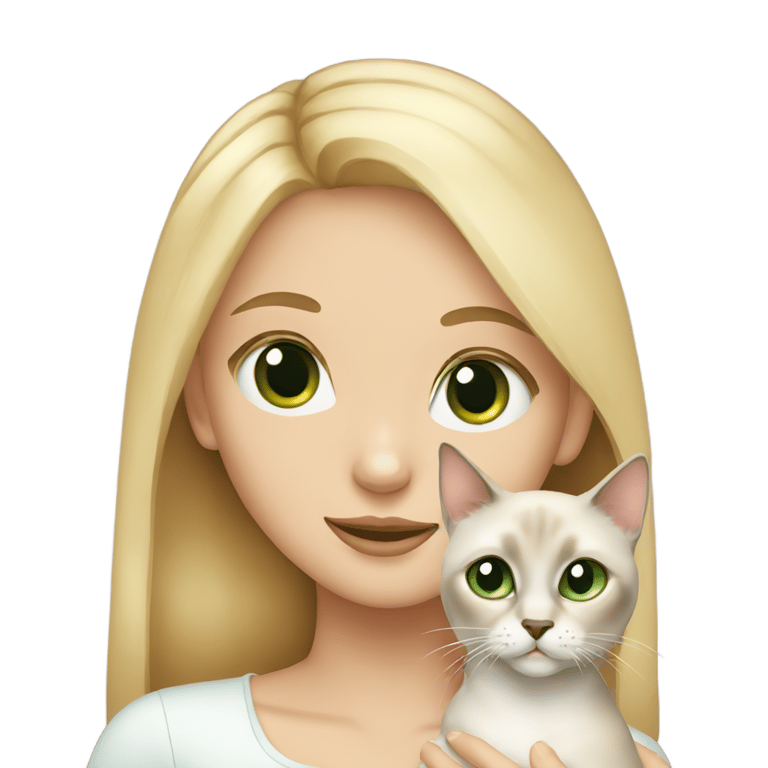 genmoji: blonde girl with green eyes holding a siamese cat