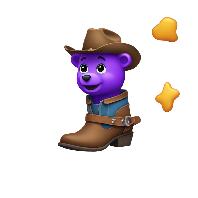 genmoji: Big purple  gummy bear wearing small cowboy boots