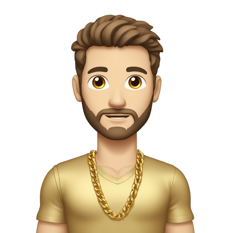 genmoji: brown haired strong Caucasian male with no beard, a gold shirt, gold chains, gold wrist bands