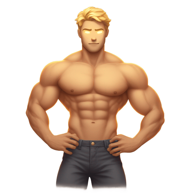 genmoji: A full body emoji,muscular, handsome man with his arms folded, nude except for a large, glowing aura emanating from his lower body, partially concealing his lower half between his legs