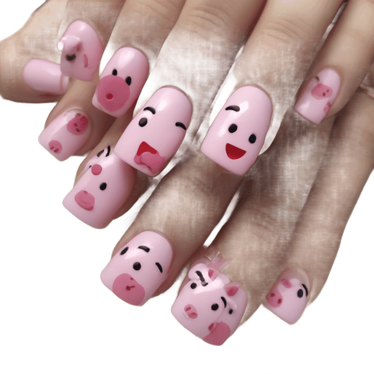 genmoji: Five Peppa pig cartoon acrylic nails