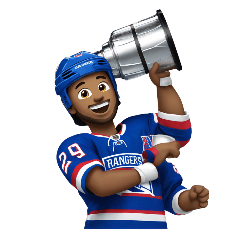 genmoji：New York Rangers player lifting up a Stanley cup