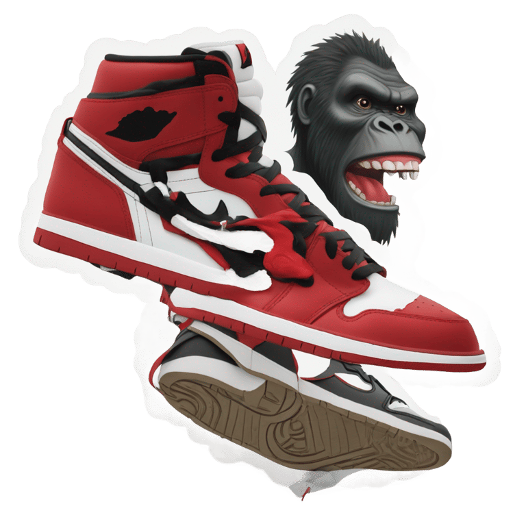 genmoji: King Kong wearing “Jordan 1 Retro High OG, red, black, and white” shoes