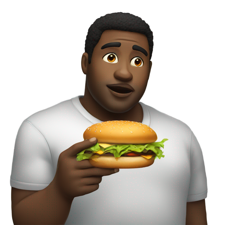 genmoji: fat black guy thick eyebrows big lips eating burger