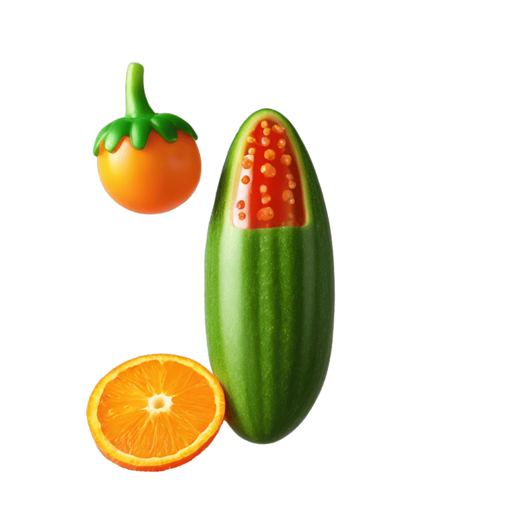 genmoji: a red boston pickling cucumber seed in one of this tiny toy pods from the dentist filled up with water with also a singular orange silica gel