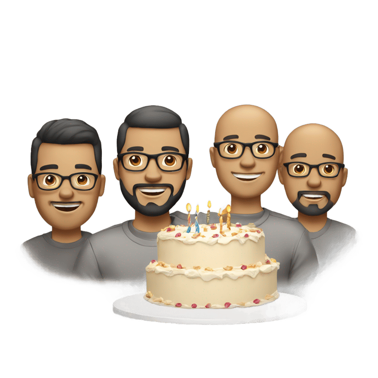 genmoji: Three men light skin tone with a birthday cake. The first man is bald,wears glasses,headphone and radio microphone. The second is a man with a beard, black hair and wearing glasses. And the third is a bald man wearing a cap.