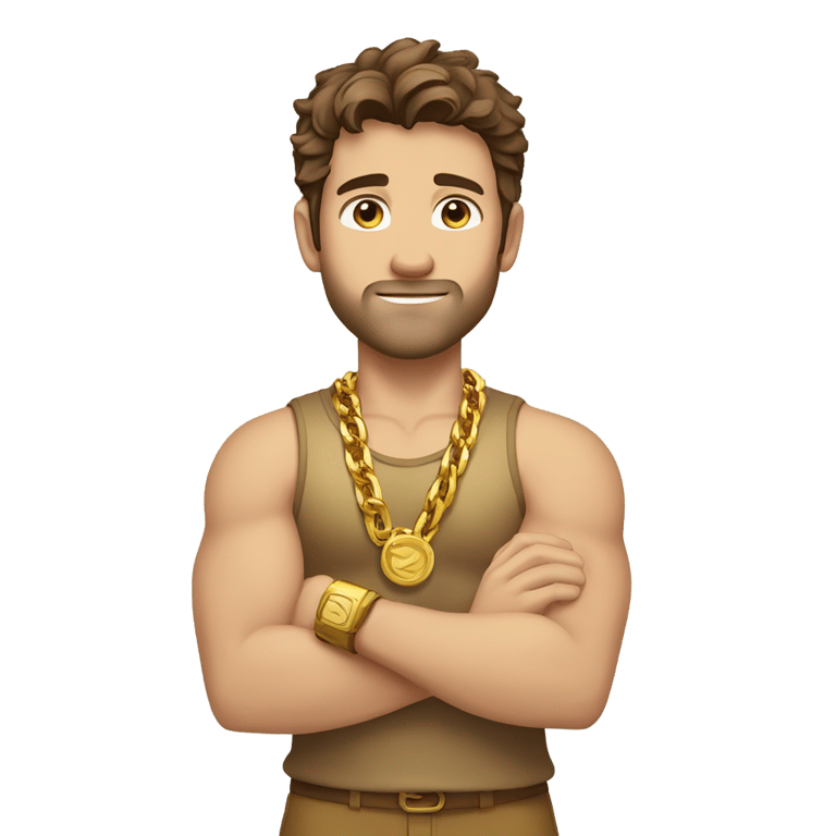 genmoji: brown haired strong Caucasian male, No beard, a gold shirt, gold chains, gold wrist bands, arms crossed