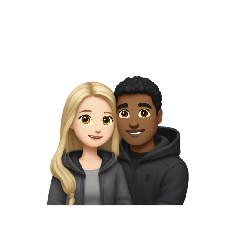 genmoji: cute white girl with black hair and a brown guy with straight black hair  Nike tech fleece hugging a brown guy