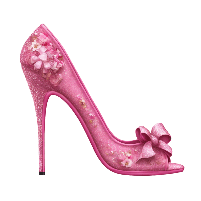 絵文字："A stylish high-heel shoe in vibrant pink, featuring different designs: glittery texture, floral patterns, crystal embellishments, lace details, ribbon accents, metallic finish, heart-shaped decor, bow-tied straps, and elegant curves in a luxury setting."